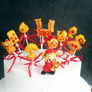 Ensemble de topper de gâteau doré du Nouvel An chinois, décoration en acrylique dieu de la richesse.