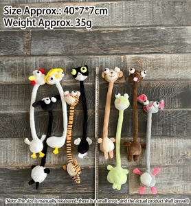 Detail shot of funny long neck plush animal toys, showing various cute expressions and shapes.