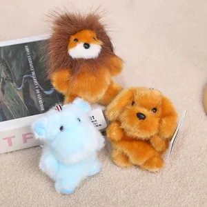Cute plush animal keychains set including lion hippo and puppy soft bag pendant gift.