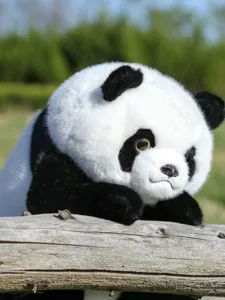Detaillierte Nahaufnahme eines realistischen Plüsch-Riesenpandas auf einem Holzstamm im Licht.