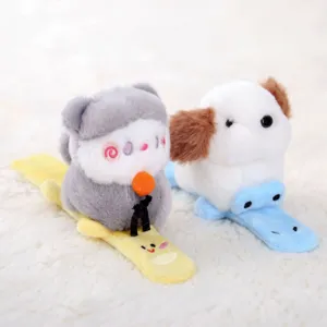 Cute plush slap bracelet detail view, soft stuffed animal wrist band toy for kids and gifts.