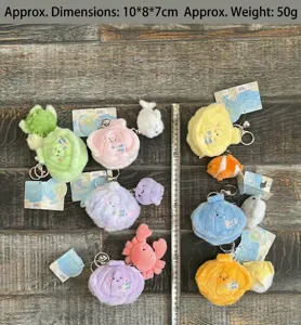 Detailed display of marine plush shell keychains showcasing various cute sea animal toys.