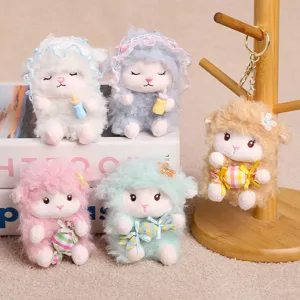 Cute plush sheep keychain, fluffy lamb doll bag charm, soft stuffed toy accessory details.