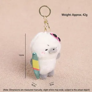 Cute plush seal keychain with sunglasses and surfboard, soft stuffed animal bag charm accessory.
