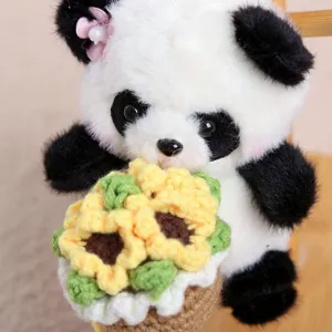 Cute plush panda pendant detail view featuring soft plush and cute crochet sunflower bouquet.