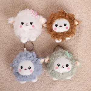 Cute curly wool sheep plush keychain set, fluffy cartoon animal bag pendant for gifts.