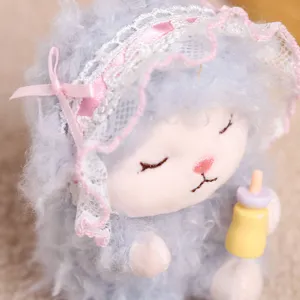 Cute fluffy plush lamb pendant with sleepy face, lace bonnet and tiny bottle doll toy.
