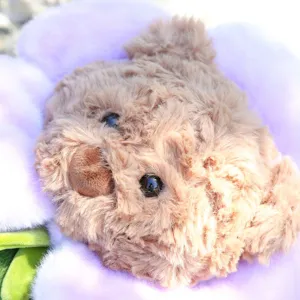 Weicher brauner Teddybär Plüschtier Kopf Detail Nahaufnahme auf schönem lila Kissen.