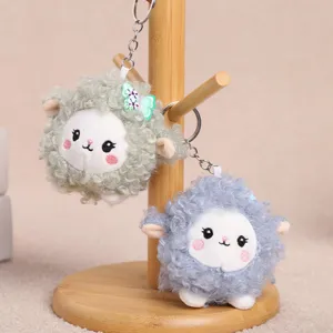 Close-up detail of cute curly sheep plush keychain with lovely butterfly hairpin decoration.