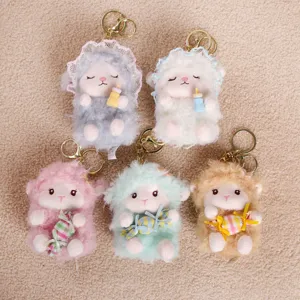 Cute fluffy sheep plush keychain detail showing sweet pastel colors and soft doll charm features.