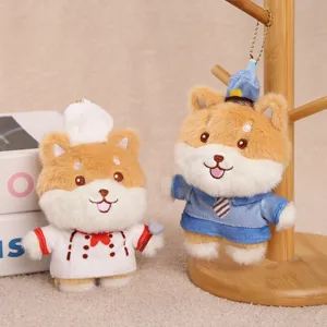 Lindo conjunto de llavero de peluche Shiba Inu, muñeco de peluche con uniforme de chef.