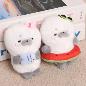 Cute sea animal dress-up seal plush toy pendant key chain bag accessory detail shot.