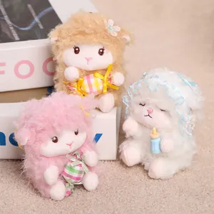 Cute sitting plush sheep keychains with sweet accessories, soft and fluffy bag pendants.
