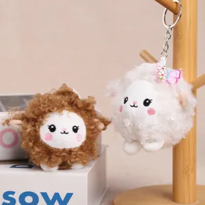 Cute fluffy curly sheep plush keychain, adorable stuffed animal bag charm and toy pendant.