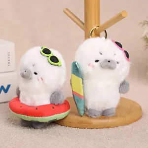 Cute marine animal seal plush toy keychain featuring fun surfboard and watermelon swim ring.