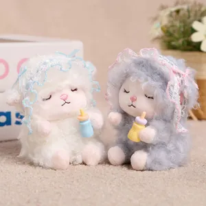 Cute plush lamb toy pendant with lace bonnet and mini baby bottle, soft stuffed animal.