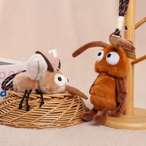 Detailed view of funny insect plush keychain, cute mosquito and cockroach bag pendant toys.