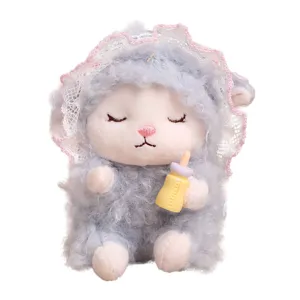 Cute grey sheep plush toy keychain with lace bonnet holding baby bottle, fluffy bag charm