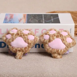 Cute leopard print plush cat paw keychain, soft stuffed animal claw pendant for bags.