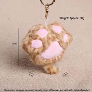 Cute plush cat paw keychain, soft fuzzy animal claw pendant for bags, keys, and gifts.