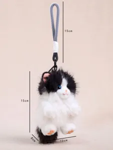 Fluffy black white cat plush keychain cute kitten bag charm soft toy pendant for women girls