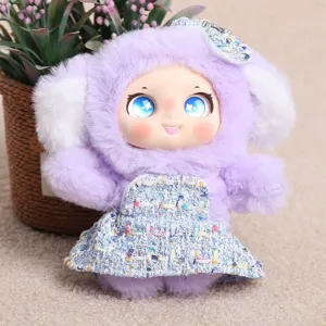 Detailed close-up of the adorable purple plush vinyl doll pendant with blue eyes and dress.