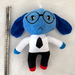 Detailansicht des blaukaepfigen Spiel-Plueschtiers mit Brille, weissem Hemd und schwarzer Krawatte.