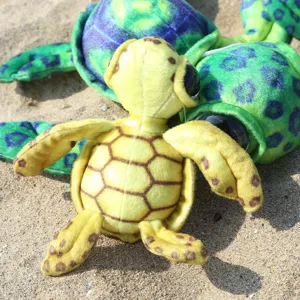 Detailed view of colorful simulation sea turtle plush toy, soft stuffed marine animal doll.