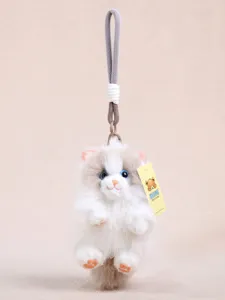 Cute fluffy cat plush toy keychain with hanging strap, soft material, perfect bag pendant.