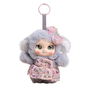 Cute plush doll keychain, grey furry head with pink tweed dress, bag charm and keyring.