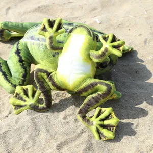 Realistic plush frog toy detailed view, soft stuffed animal with lifelike green webbed feet.
