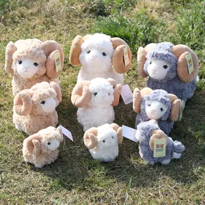 Detailed view of cute big horn sheep plush toys, soft stuffed animal ram dolls for kids gifts.