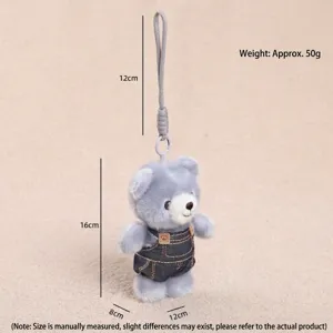 Portachiavi in peluche orsetto grigio con simpatica salopetta di jeans, ciondolo borsa.