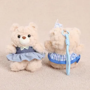 Cute plush teddy bear doll with blue dress and hanging strap, soft toy gift for girls