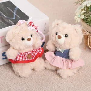 Cute plush teddy bear keychain pair with sweet dresses, soft stuffed doll gift for girls.
