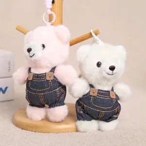 Simpatico portachiavi orsetto peluche salopette denim bambola cartone animato ciondolo orso