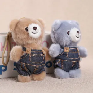 Simpatico portachiavi peluche orsetto con salopette di jeans, bambola pendente borsa.