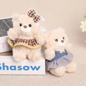 Cute plush teddy bear doll with plaid dress soft stuffed animal toy for girls gift