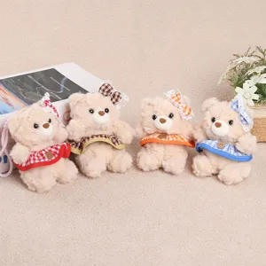 Plaid dress teddy bear plush toy set detail view, cute stuffed doll gift for girls.