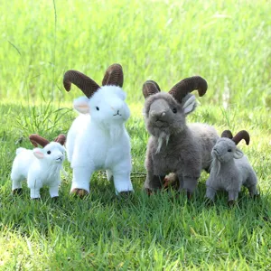 Simulation goat plush toy detail, fluffy stuffed animal figurine with curved horns.