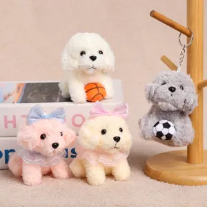 Cute plush poodle dog keychain detail view, soft stuffed animal toy pendant for girls birthday gifts.