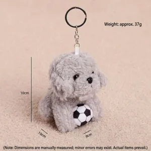 Cute gray plush poodle dog keychain with mini soccer ball, soft stuffed animal pendant for bags.