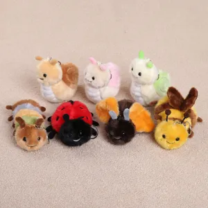 Cute insect plush keychain set featuring snail bee ladybug caterpillar and moth doll charms.