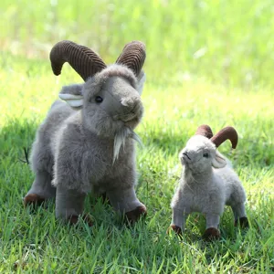 Detailed close-up of cute big-horned sheep plush toys on green grass, soft and realistic design.