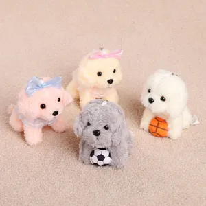 Cute plush teddy dog pendant toy, soft stuffed animal doll with bow and mini balls for kids and girls.