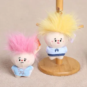 Cute fluffy explosion hair plush doll keychain detail, cute cartoon backpack pendant decoration.
