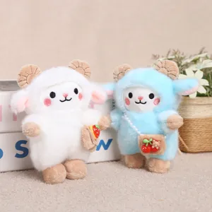 Cute plush ram pendant toy with mini crossbody bag, fluffy stuffed animal sheep keychain doll.
