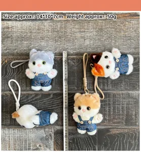Cute plush cat keychain with denim overalls doll bag pendant fluffy toy ornament