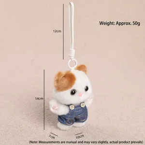 Cute calico cat plush keychain with denim overalls, fluffy stuffed doll backpack pendant detail view