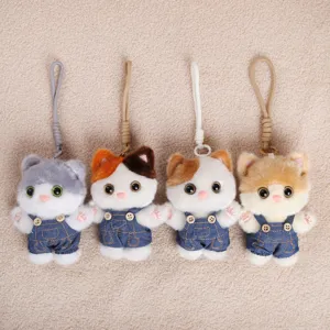 Cute overall cat plush pendant keychain, soft plush bag charm and toy doll for backpacks.